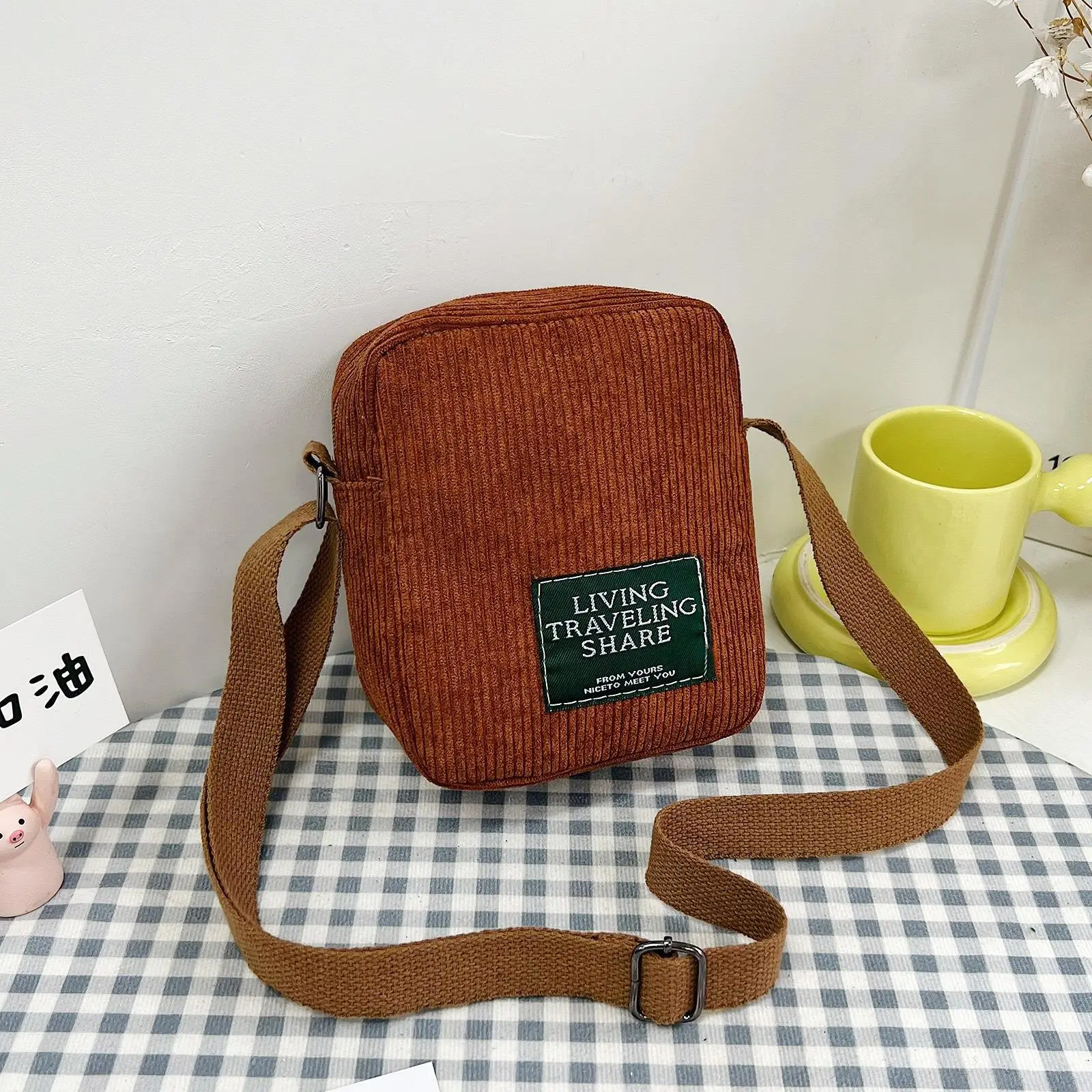 Korean Style Crossbody Bag Red Corduroy Small Square - Image 3