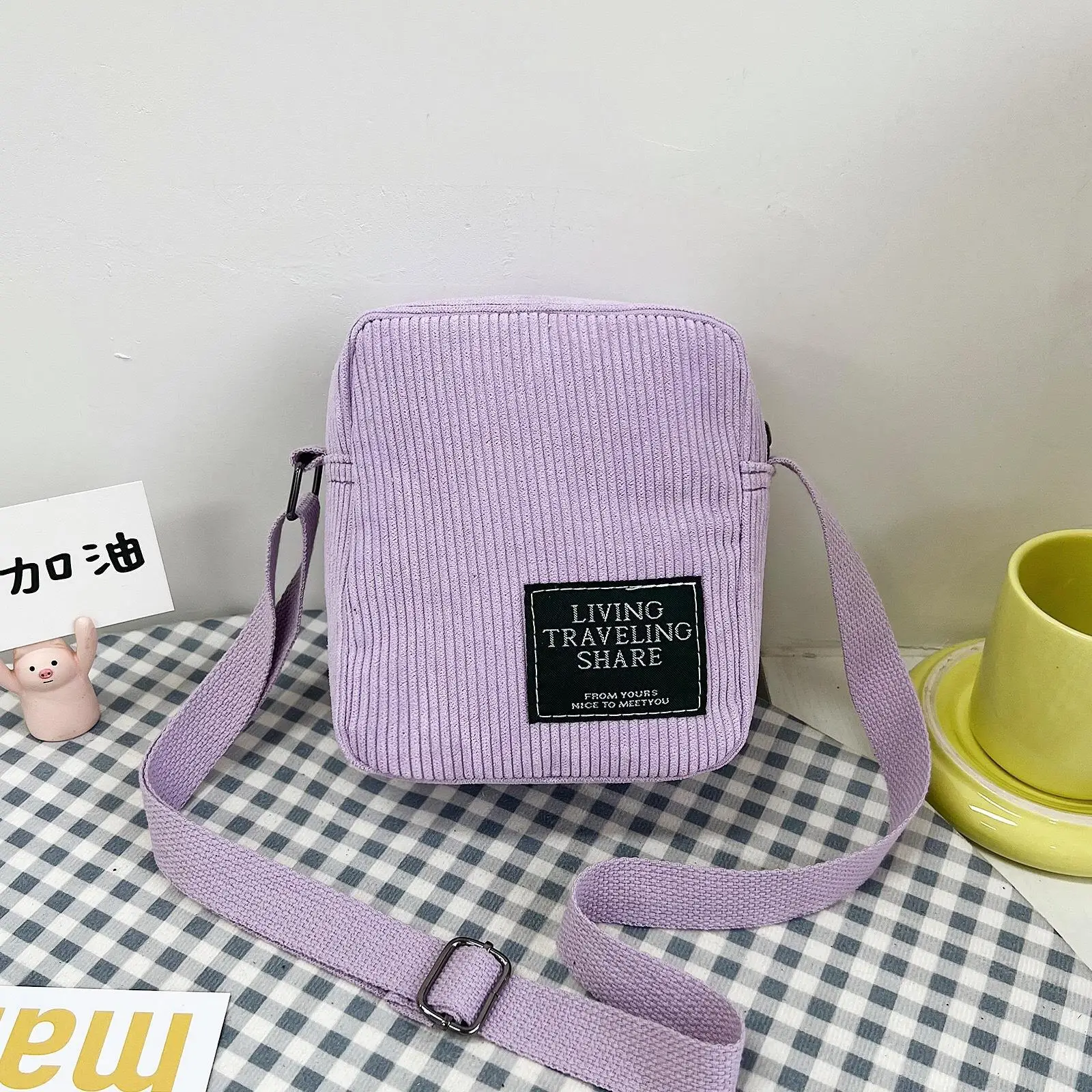 Korean Style Crossbody Bag Red Corduroy Small Square - Image 8