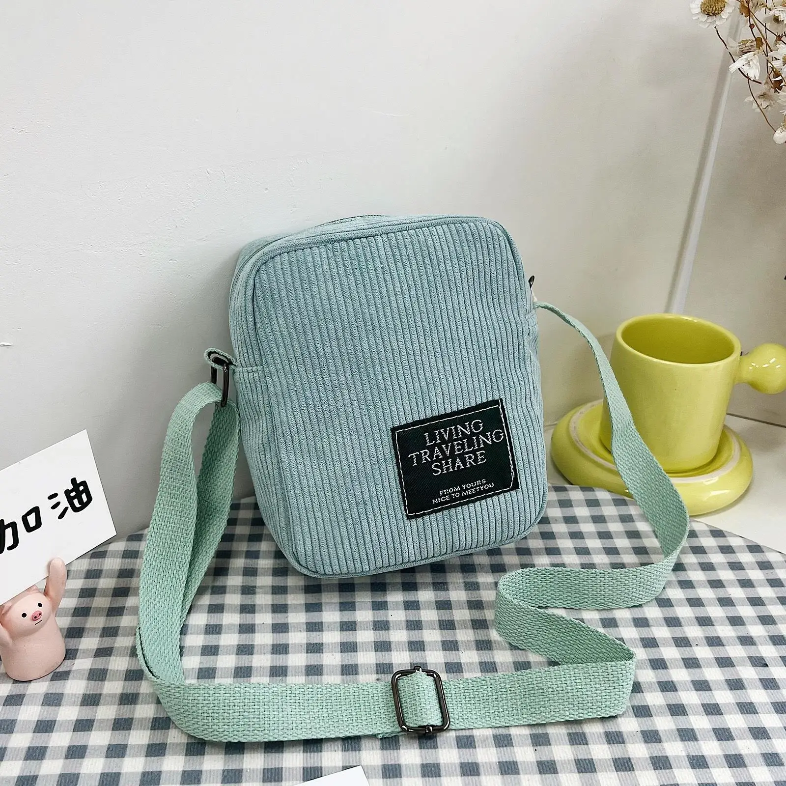 Korean Style Crossbody Bag Red Corduroy Small Square - Image 9