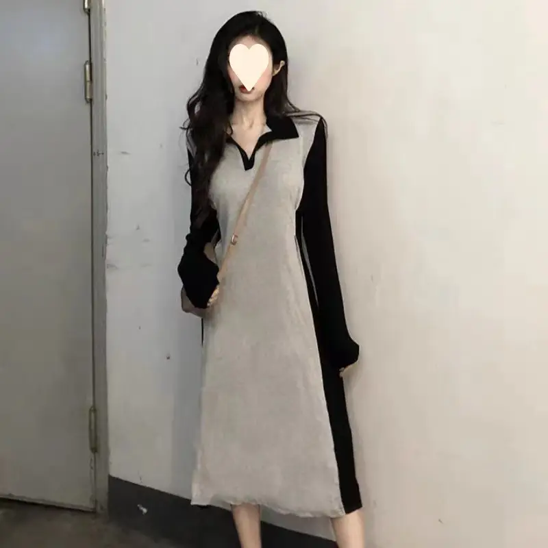 Black Long Sleeve Polo Collar Dress for Women