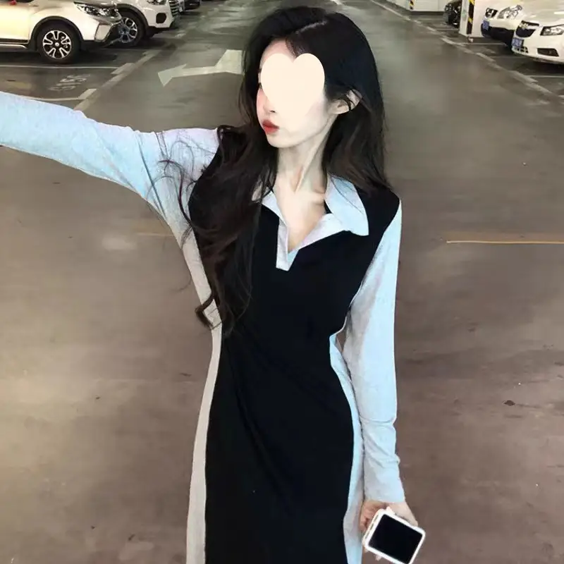 Black Long Sleeve Polo Collar Dress for Women