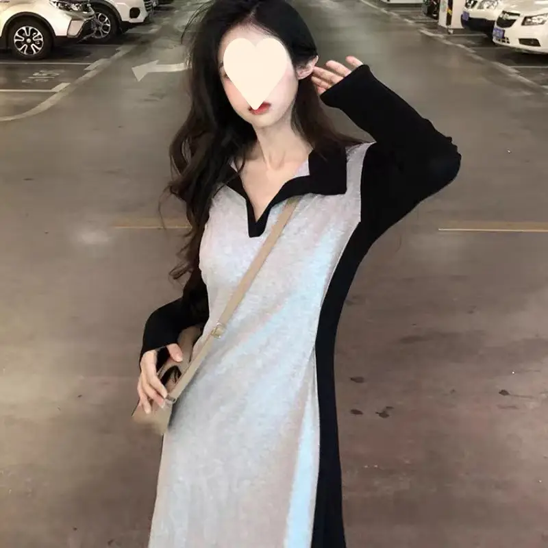 Black Long Sleeve Polo Collar Dress for Women
