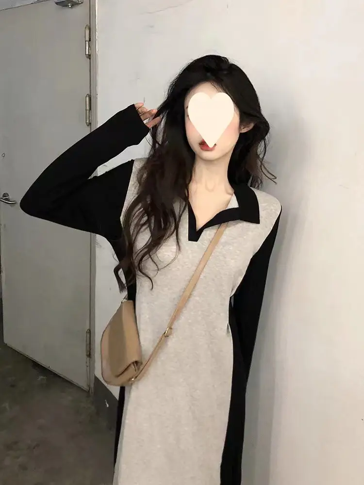 Black Long Sleeve Polo Collar Dress for Women — feature 11