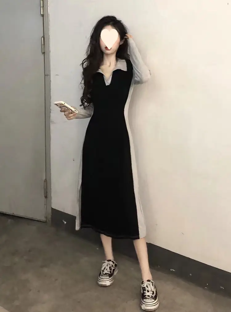Black Long Sleeve Polo Collar Dress for Women — feature 18