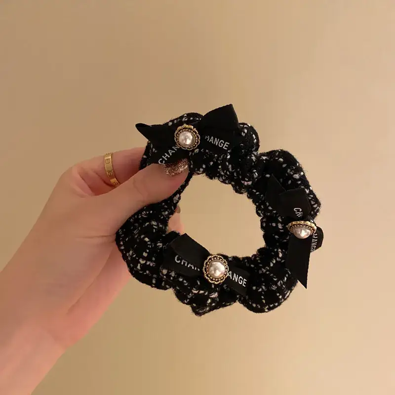Chanel Style Pearl Bow Hair Ties Black White 2021