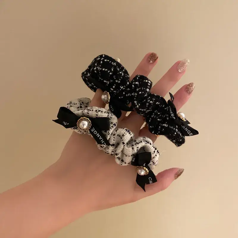 Chanel Style Pearl Bow Hair Ties Black White 2021