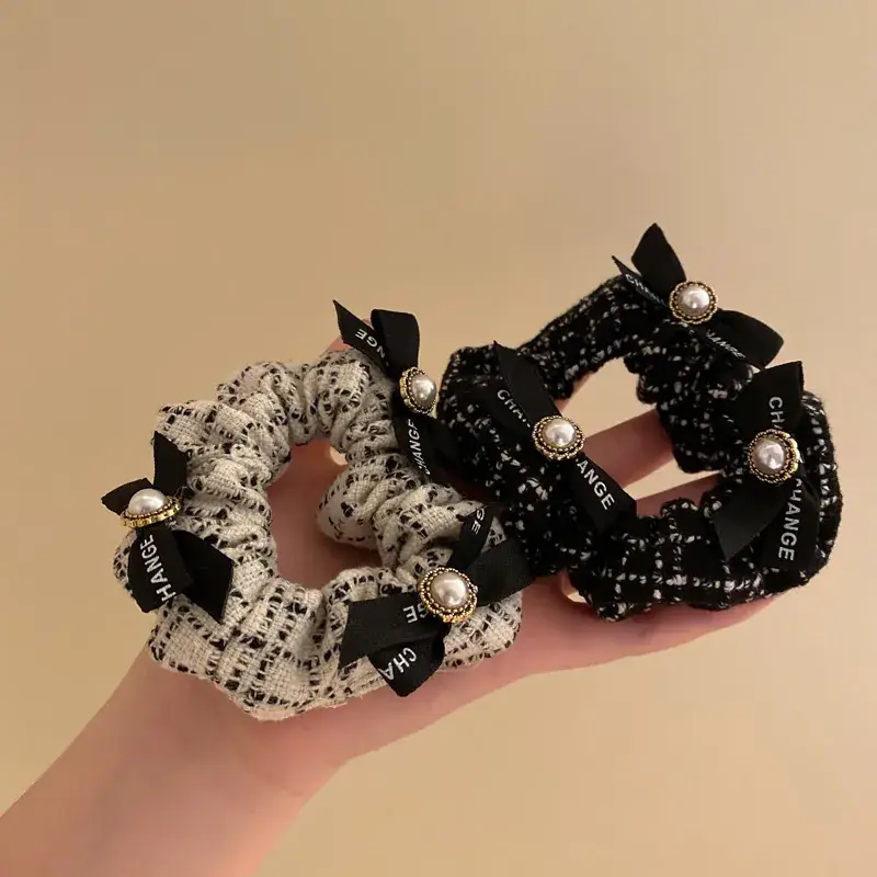 Chanel Style Pearl Bow Hair Ties Black White 2021