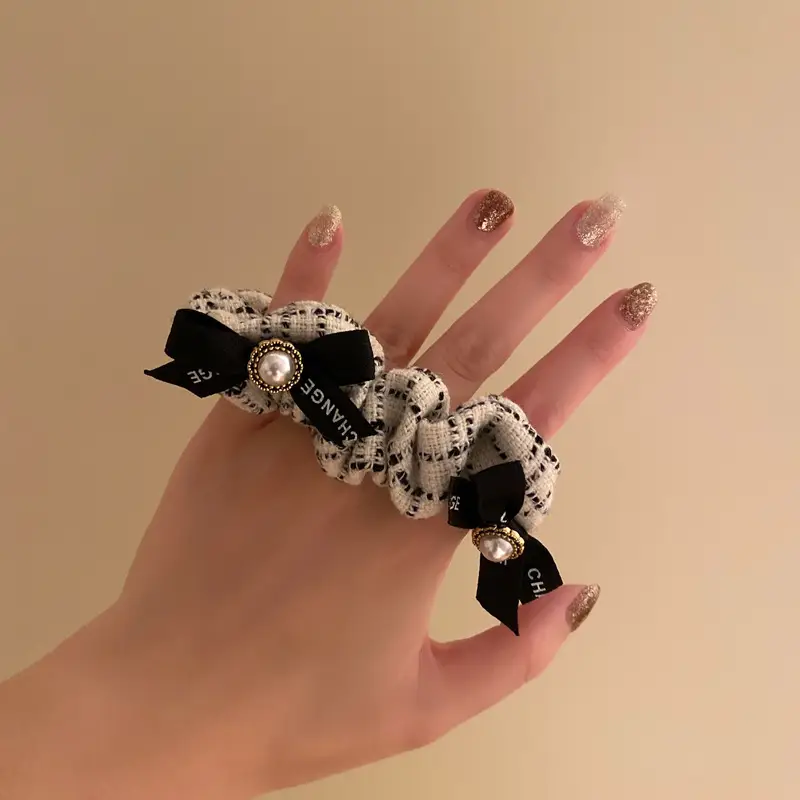 Chanel Style Pearl Bow Hair Ties Black White 2021 — feature 3