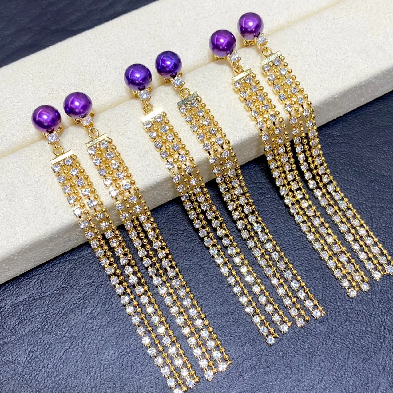 Purple Pearl Long Tassel Earrings with Gold Beads