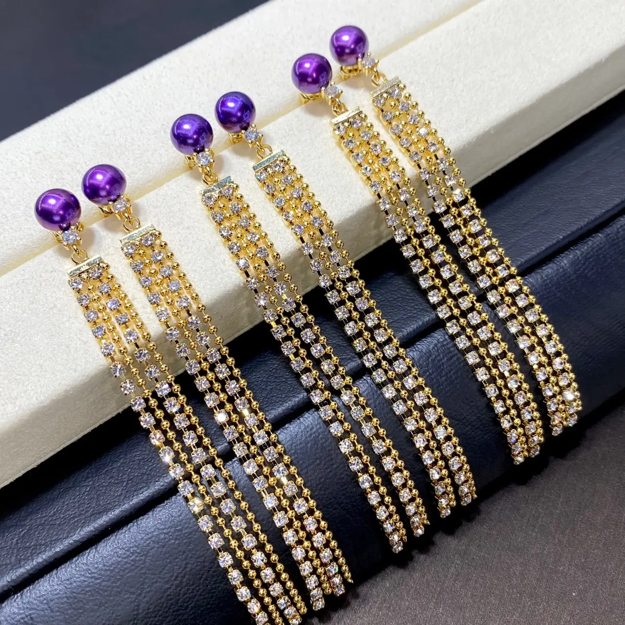 Purple Pearl Long Tassel Earrings with Gold Beads