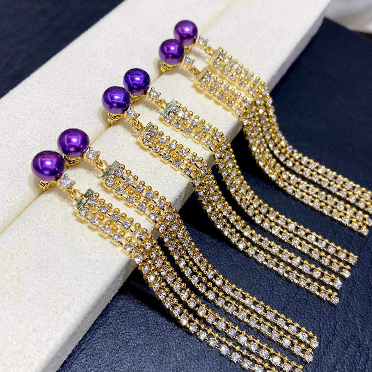 Purple Pearl Long Tassel Earrings with Gold Beads — feature 9