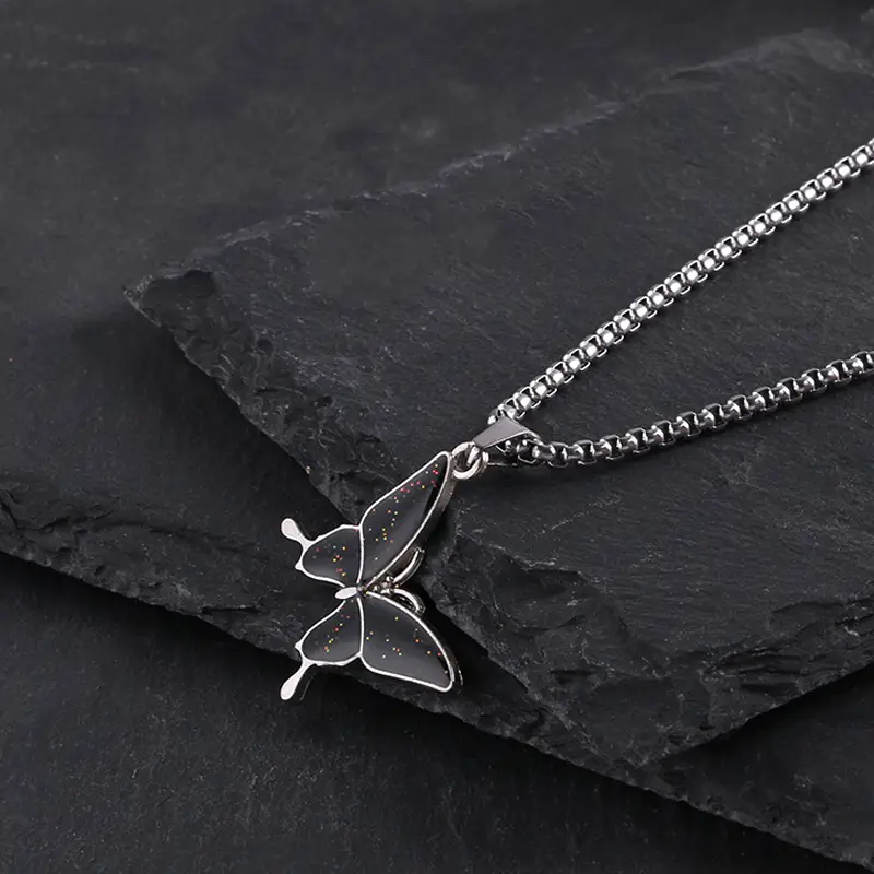 Black Butterfly Temperature Necklace for Men Women