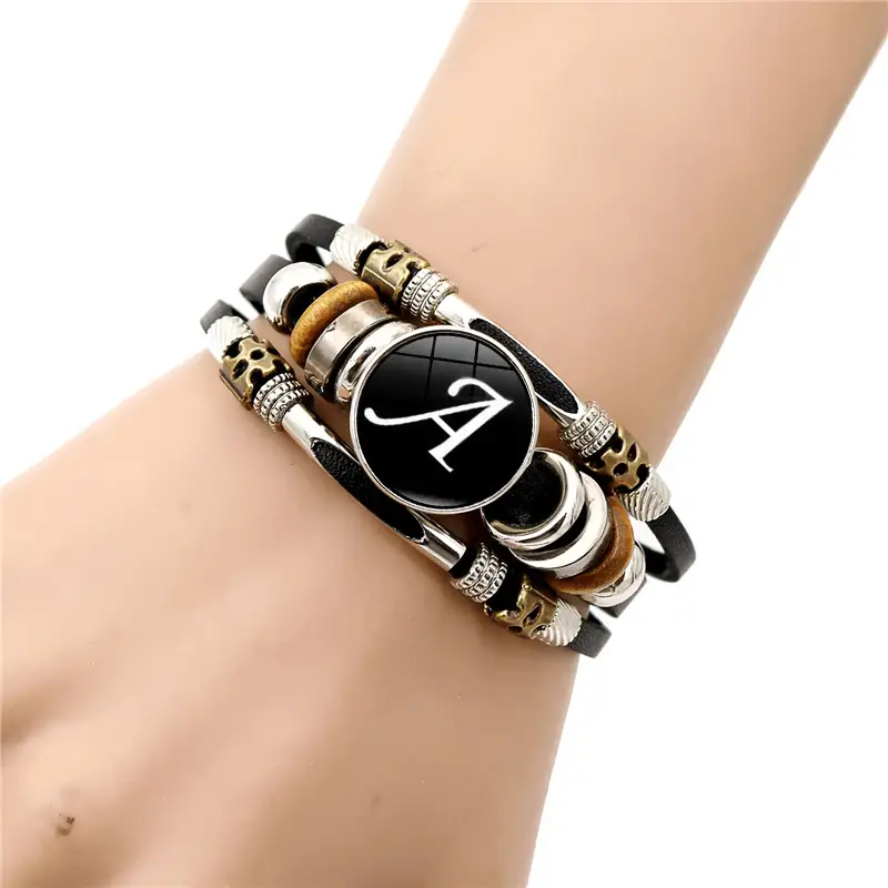Women Retro Punk Leather Bracelet with 26 Letters Time Gem - Image 28