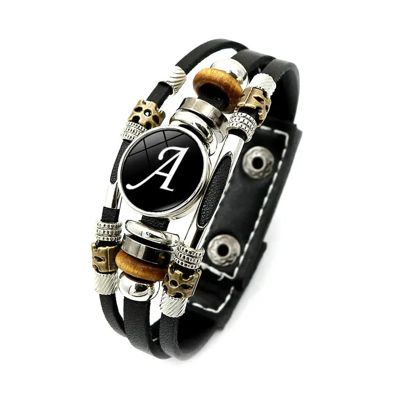 Women Retro Punk Leather Bracelet with 26 Letters Time Gem - Image 30