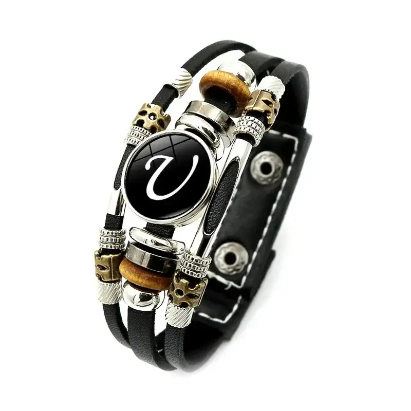 Women Retro Punk Leather Bracelet with 26 Letters Time Gem - Image 21