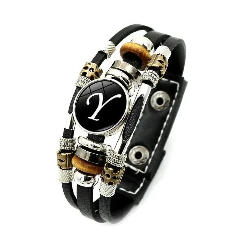 Women Retro Punk Leather Bracelet with 26 Letters Time Gem - Image 25