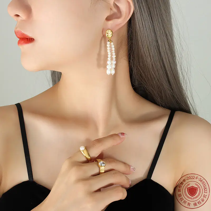 Pearl Tassel Earrings Titanium Steel Gold Plated - Image 5