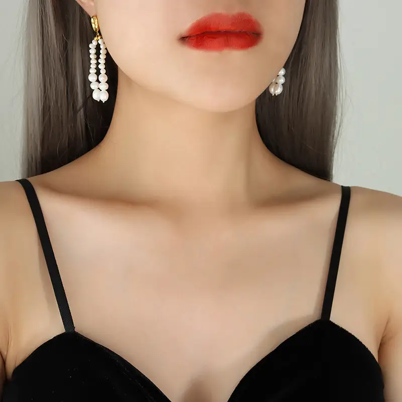 Pearl Tassel Earrings Titanium Steel Gold Plated - Image 6