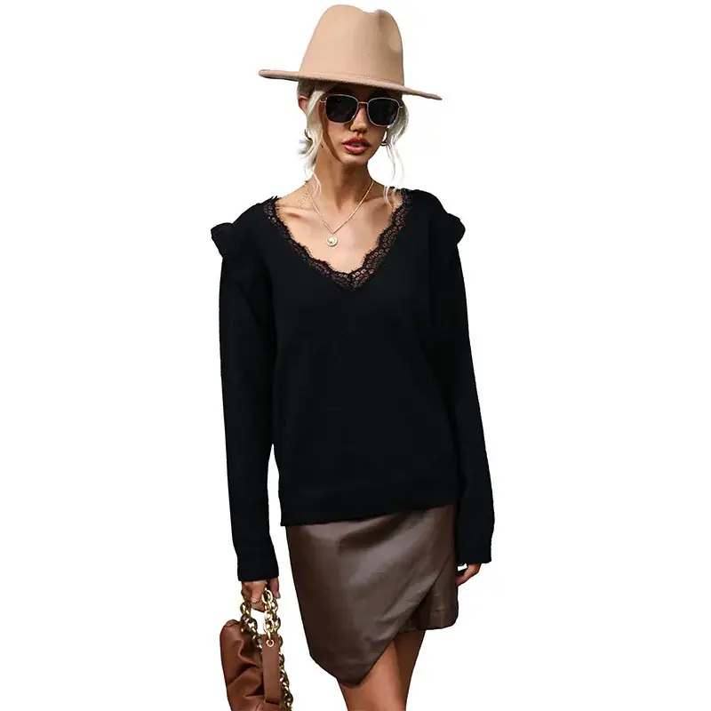 Black Lace Long Sleeve Sweater for Women 2022