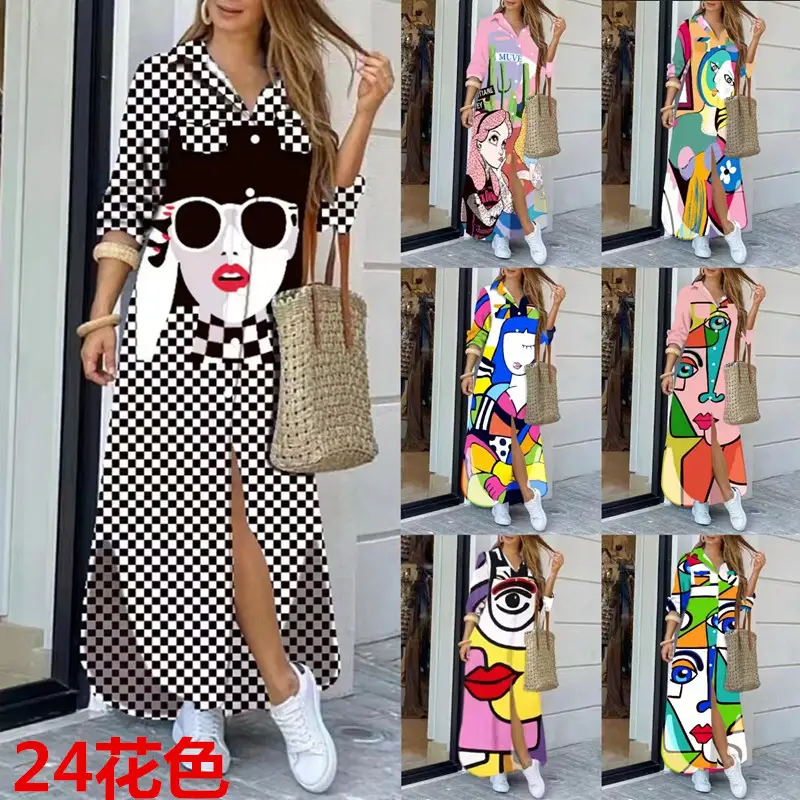 Women's Printed Long Sleeve Lapel Shirt Dress Black White Check - Image 24