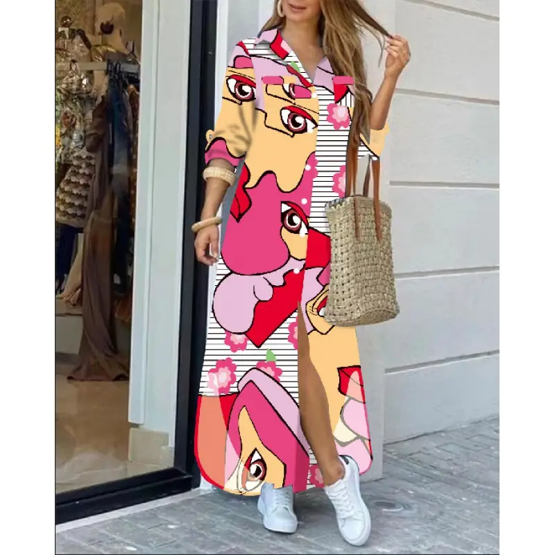 Women's Printed Long Sleeve Lapel Shirt Dress Black White Check - Image 26