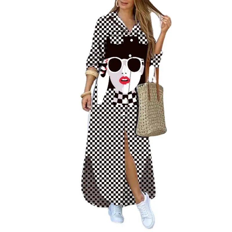Women's Printed Long Sleeve Lapel Shirt Dress Black White Check - Image 28