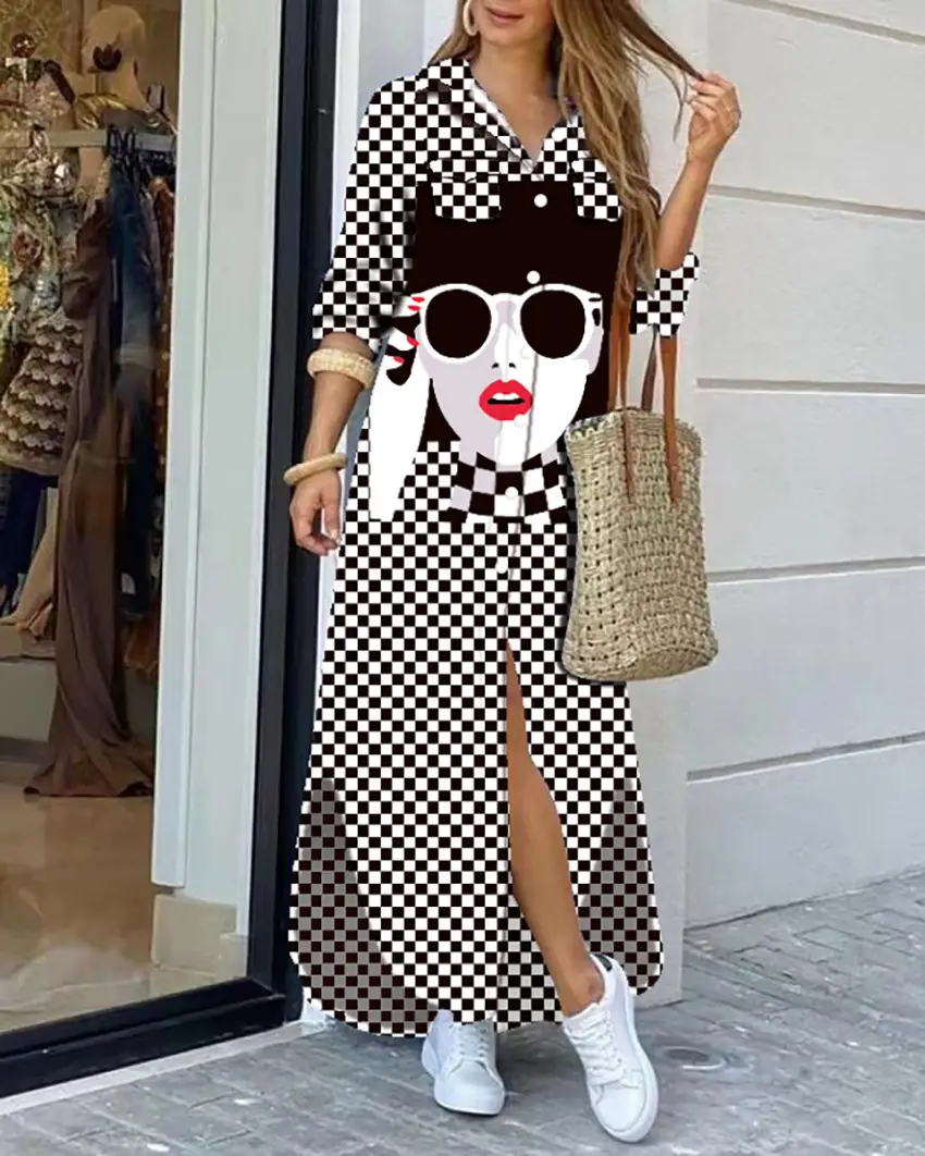 Women's Printed Long Sleeve Lapel Shirt Dress Black White Check — feature 8