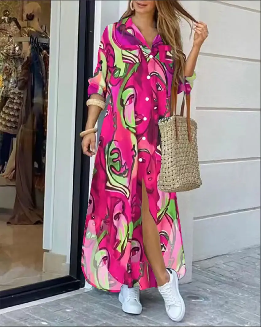 Women's Printed Long Sleeve Lapel Shirt Dress Black White Check - Image 11