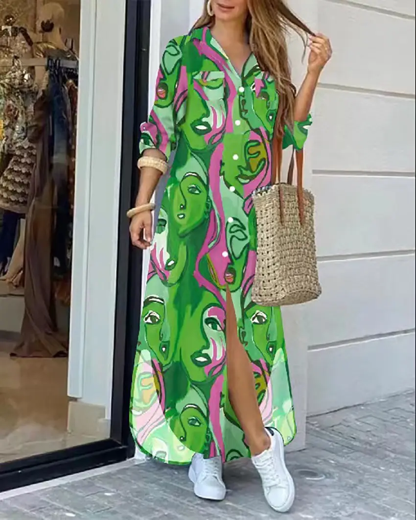 Women's Printed Long Sleeve Lapel Shirt Dress Black White Check - Image 12