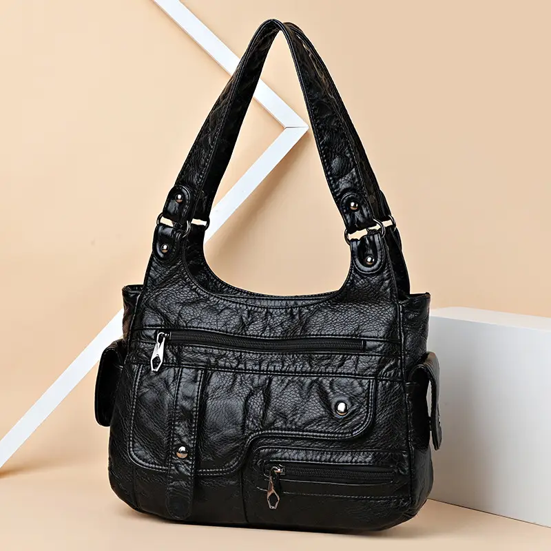 Black Quilted Women's Shoulder Bag with Multiple Pockets - Image 2