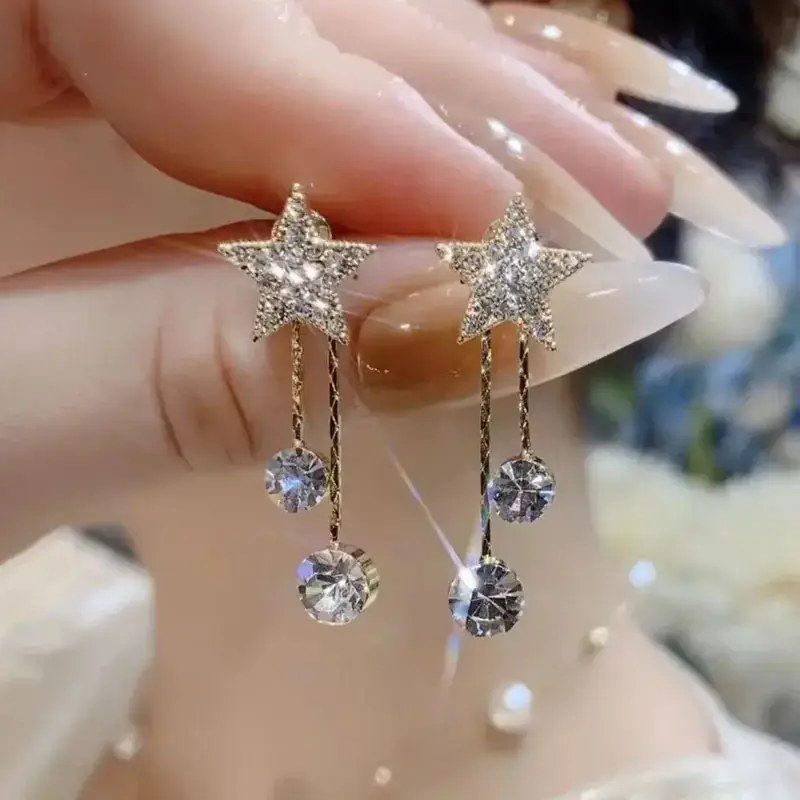 925 Silver Star Tassel Earrings with Rhinestones - Image 3