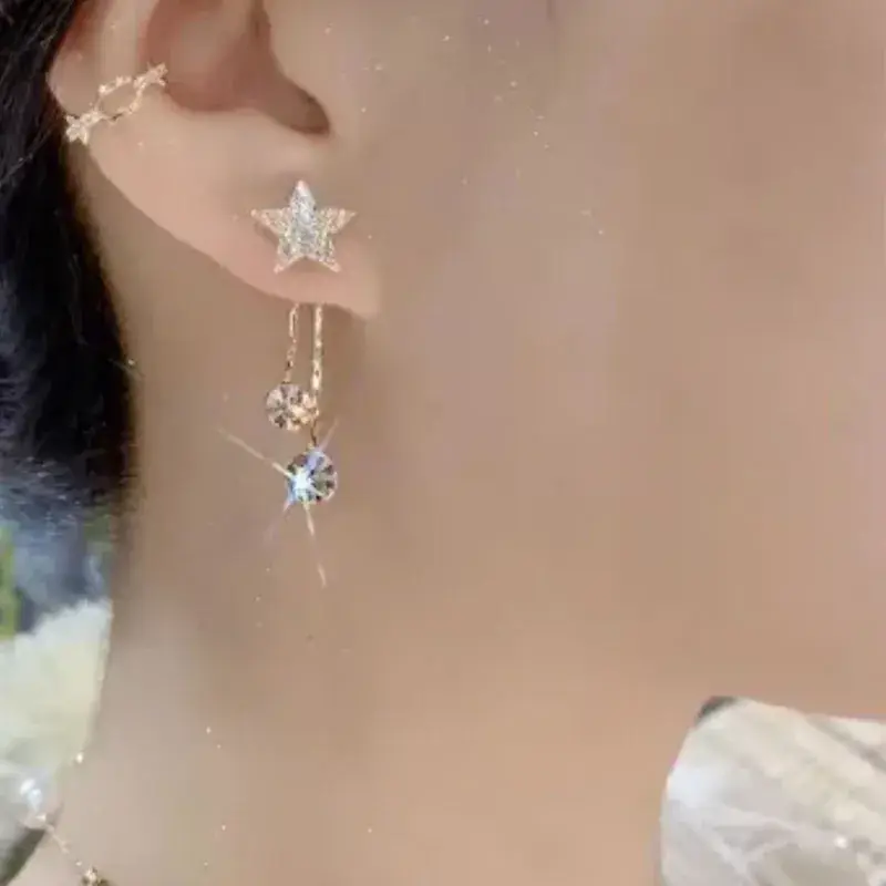 925 Silver Star Tassel Earrings with Rhinestones - Image 4