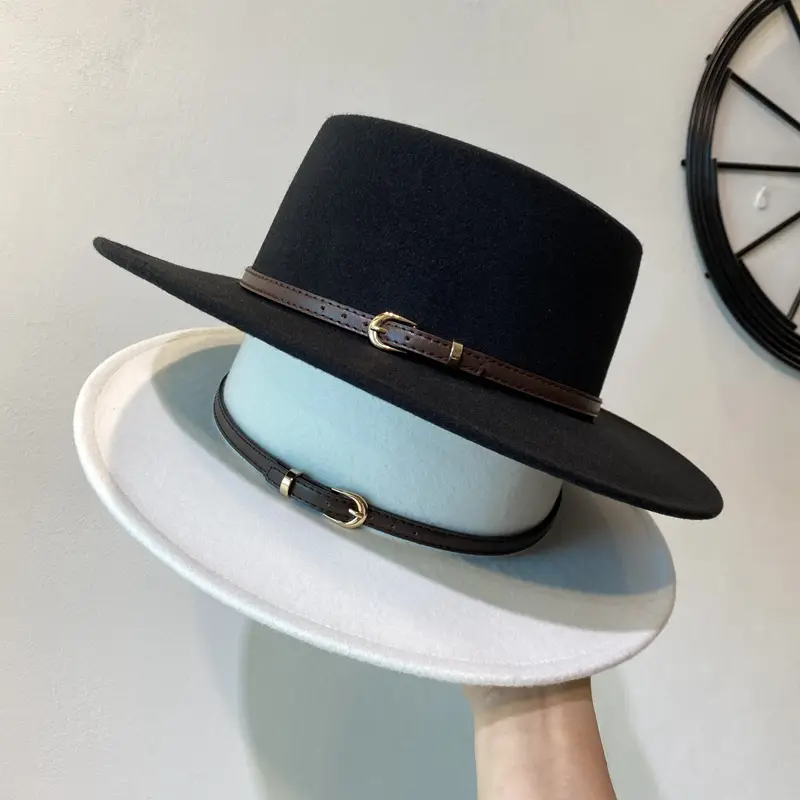 British European Belt Flat Top Hat Men Women Woolen Black Wide Brim Retro