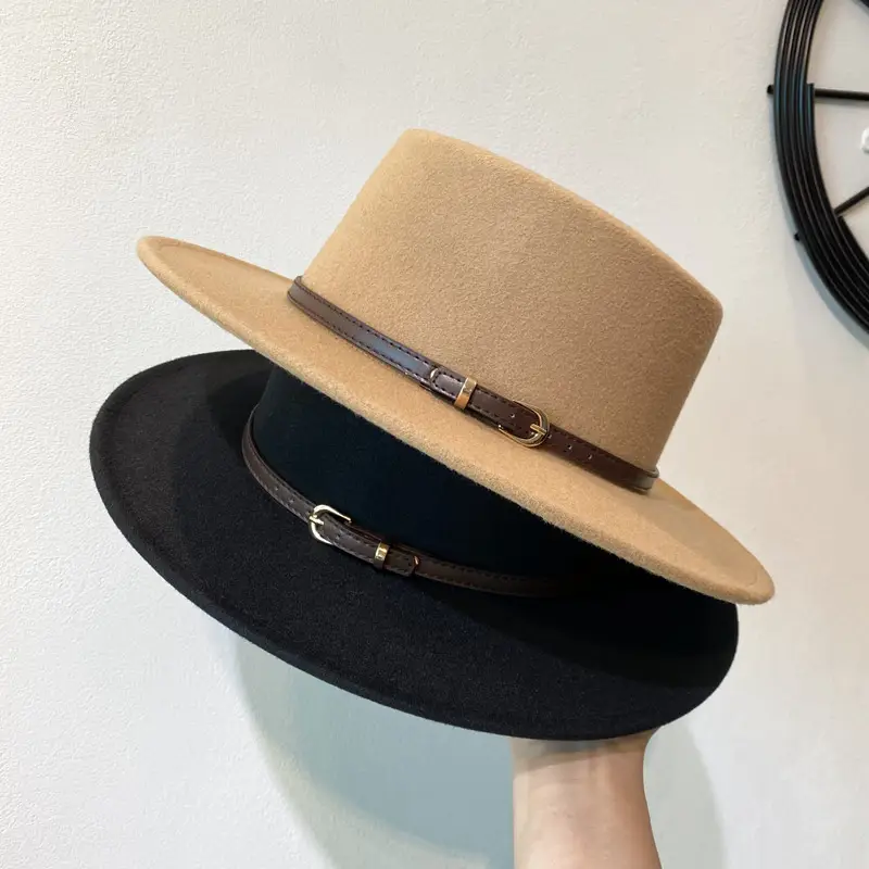 British European Belt Flat Top Hat Men Women Woolen Black Wide Brim Retro
