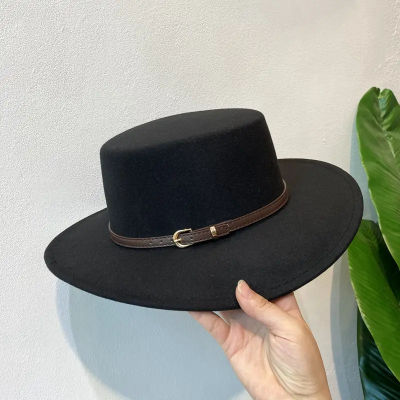British European Belt Flat Top Hat Men Women Woolen Black Wide Brim Retro