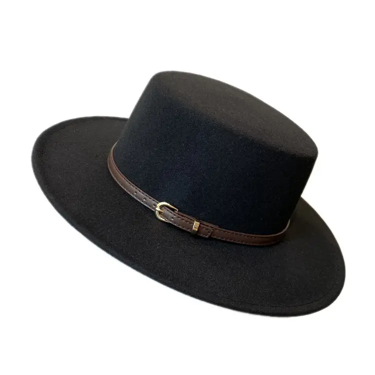 British European Belt Flat Top Hat Men Women Woolen Black Wide Brim Retro
