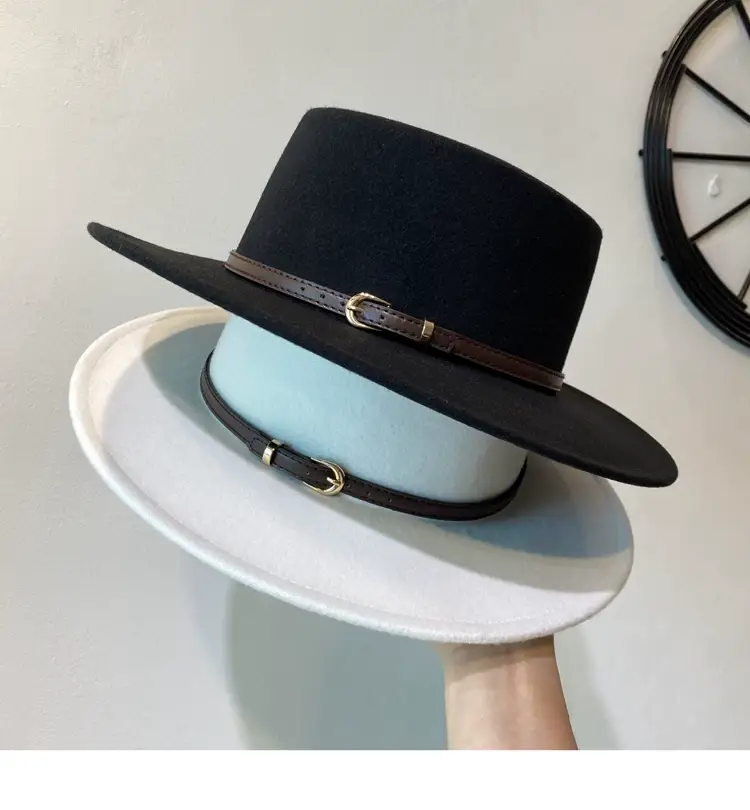 British European Belt Flat Top Hat Men Women Woolen Black Wide Brim Retro — feature 1