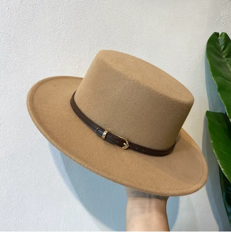 British European Belt Flat Top Hat Men Women Woolen Black Wide Brim Retro — feature 10
