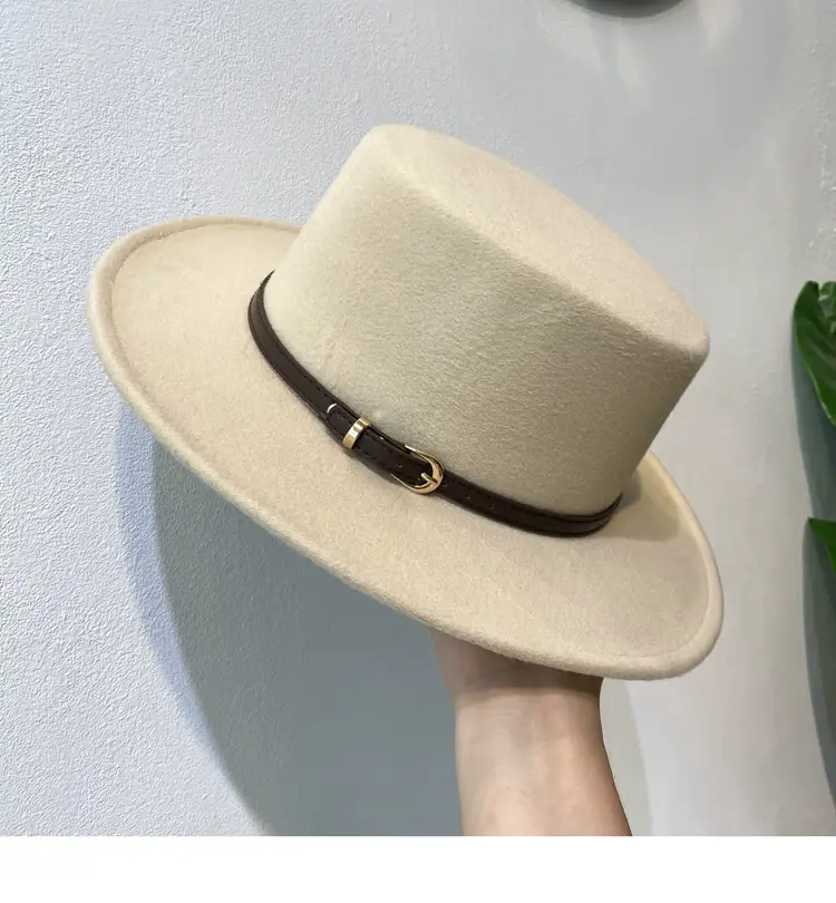 British European Belt Flat Top Hat Men Women Woolen Black Wide Brim Retro — feature 11