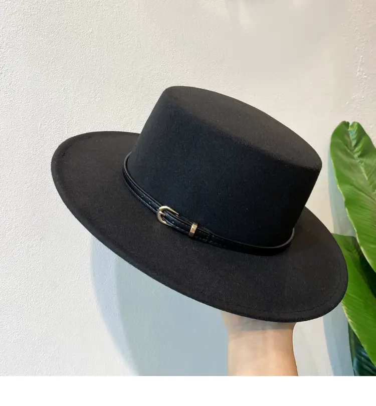 British European Belt Flat Top Hat Men Women Woolen Black Wide Brim Retro — feature 12