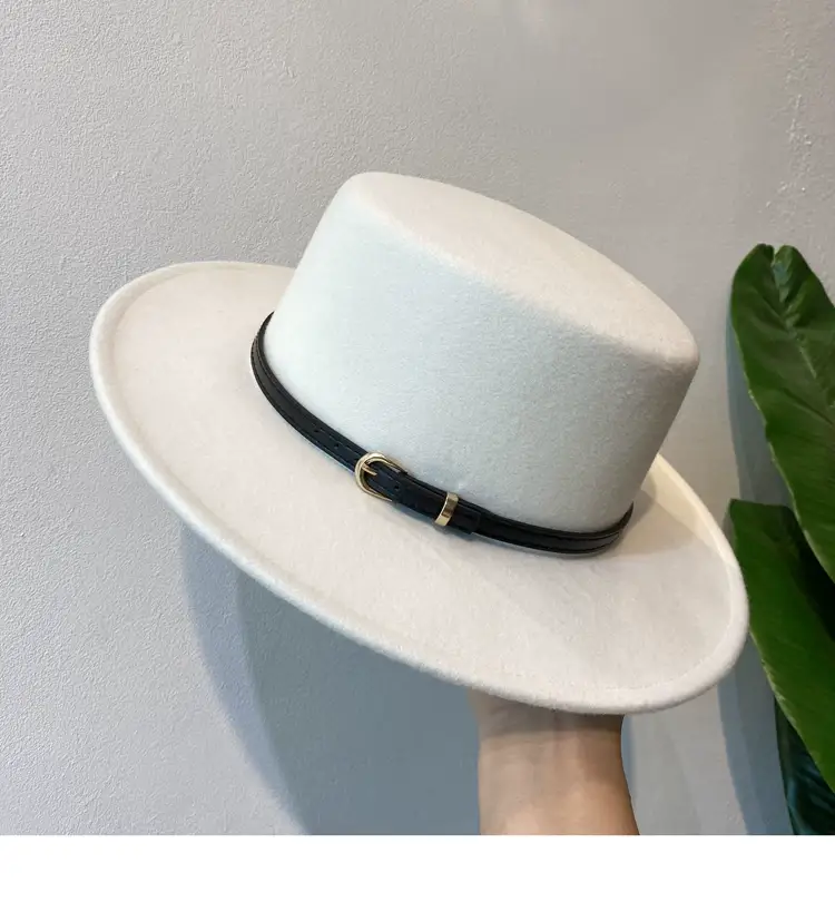 British European Belt Flat Top Hat Men Women Woolen Black Wide Brim Retro — feature 13