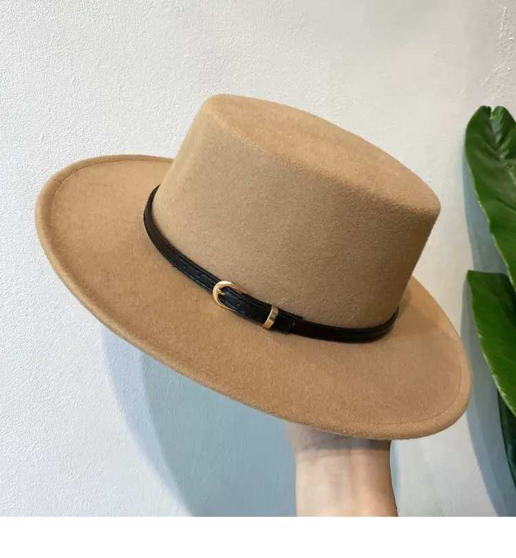 British European Belt Flat Top Hat Men Women Woolen Black Wide Brim Retro — feature 14