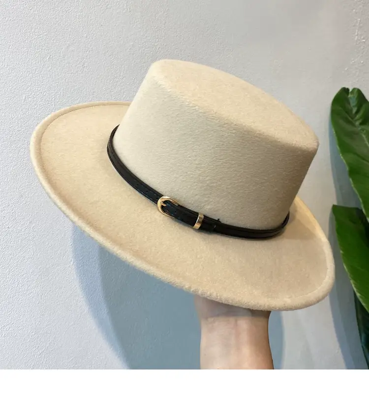 British European Belt Flat Top Hat Men Women Woolen Black Wide Brim Retro — feature 15
