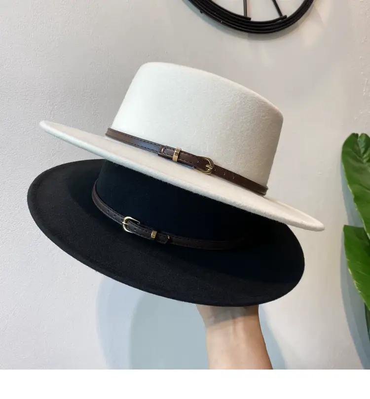 British European Belt Flat Top Hat Men Women Woolen Black Wide Brim Retro — feature 2