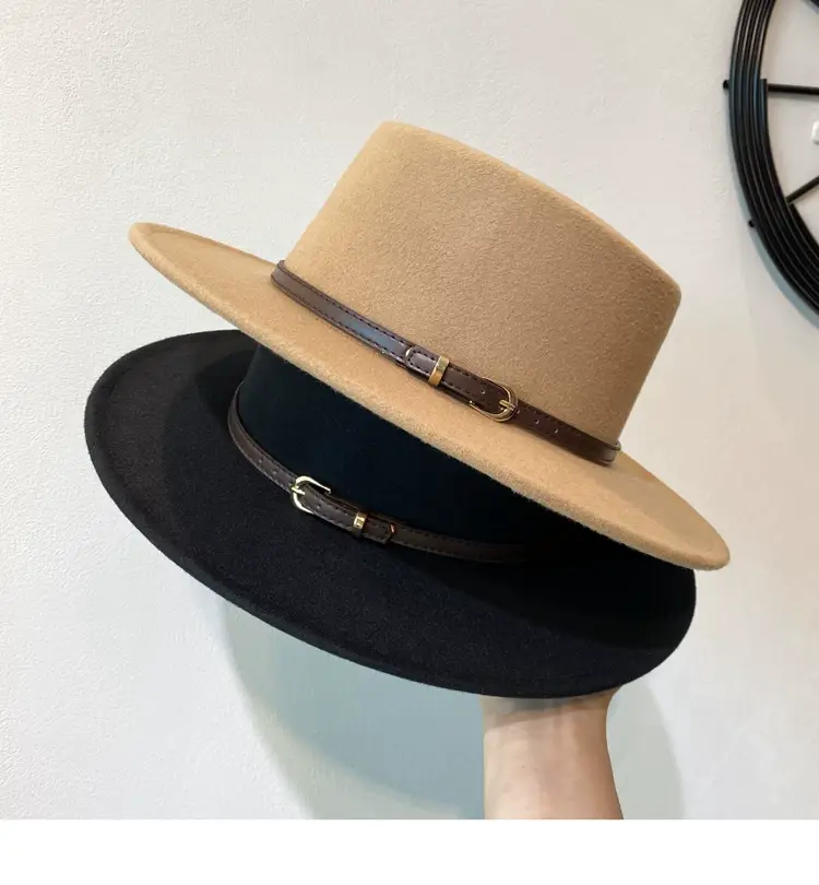 British European Belt Flat Top Hat Men Women Woolen Black Wide Brim Retro — feature 3