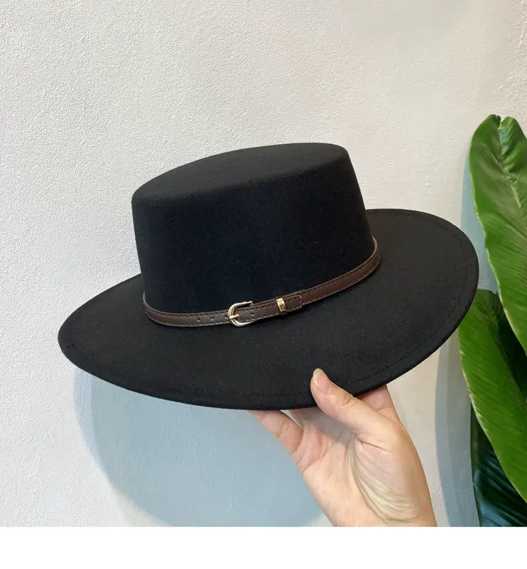 British European Belt Flat Top Hat Men Women Woolen Black Wide Brim Retro — feature 4