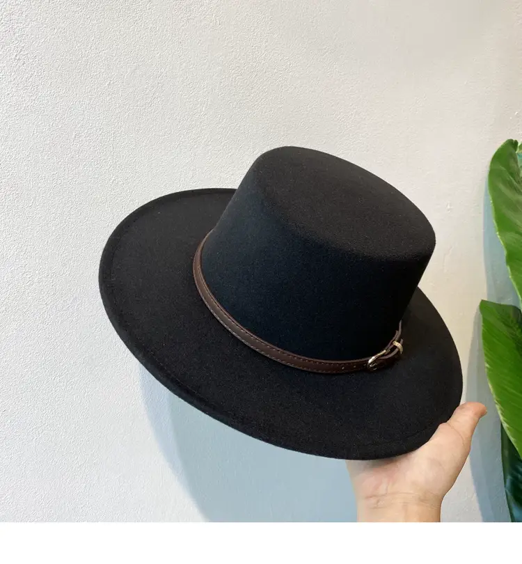 British European Belt Flat Top Hat Men Women Woolen Black Wide Brim Retro — feature 5