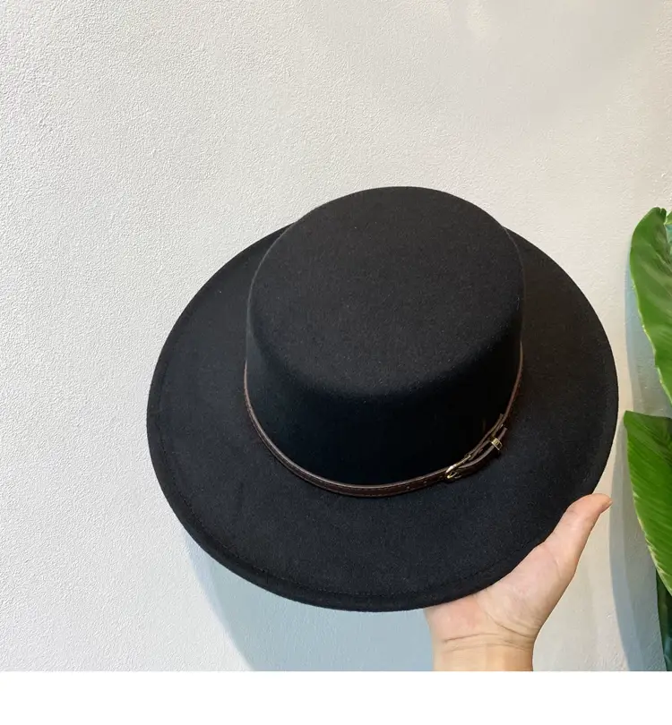 British European Belt Flat Top Hat Men Women Woolen Black Wide Brim Retro — feature 6