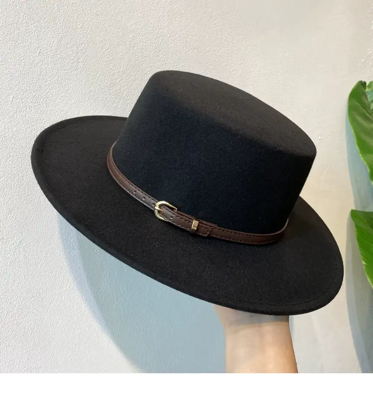 British European Belt Flat Top Hat Men Women Woolen Black Wide Brim Retro — feature 8