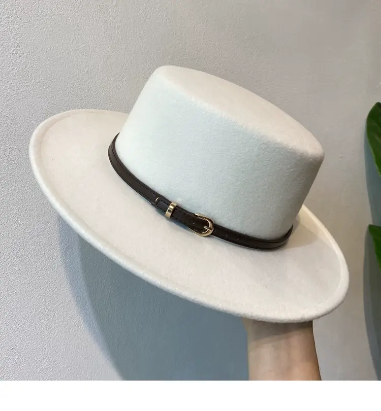 British European Belt Flat Top Hat Men Women Woolen Black Wide Brim Retro — feature 9